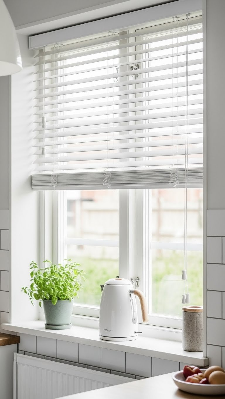 Pristine white faux wood blinds tilted to allow light streaming through in bright Scandinavian kitchen with subway tile backsplash