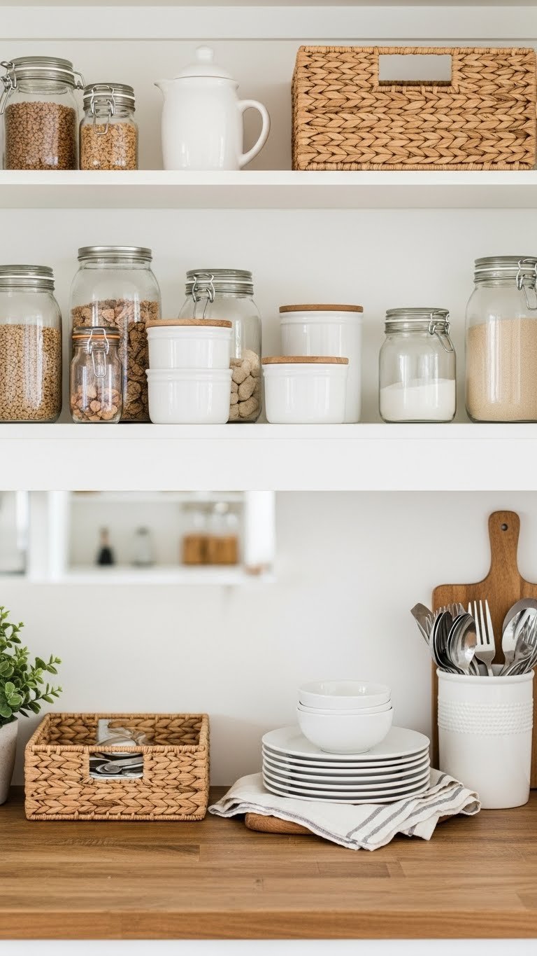 Pristine white open kitchen pantry shelves display neatly organized glass jars, ceramic containers, and woven baskets on a rustic counter.