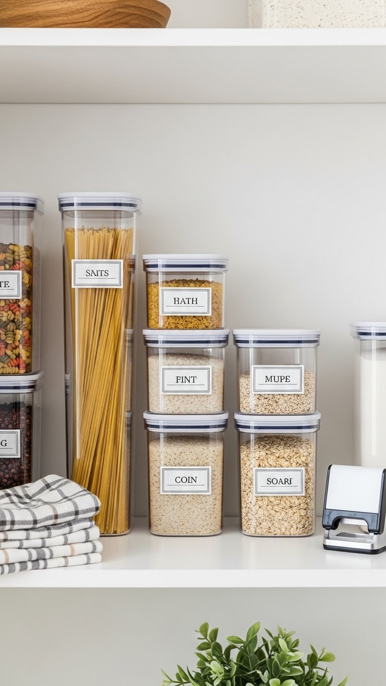 Pantry Organization: 7 Genius Ideas For Every Kitchen 1 Pristine white pantry shelf with clear, stackable containers neatly holding dry goods like pasta, rice, and oats, enhancing kitchen organization.