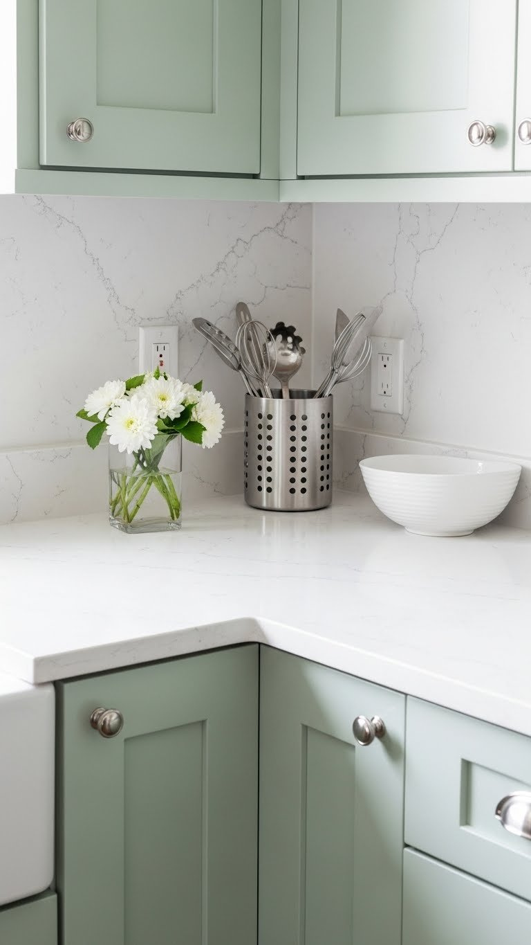 Pristine white quartz countertop contrasting sage green kitchen cabinets in bright compact space