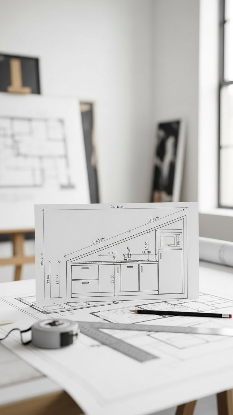 Professional architectural blueprint showing under-stair kitchen layout with precise measurements and integrated appliance spaces on drafting table