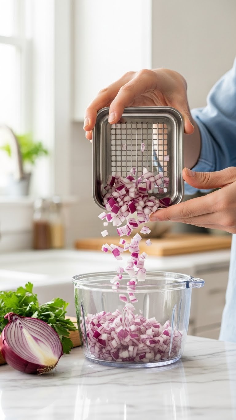 Kitchen Gadgets Asmr: 7 Essential Satisfying Sounds 1 Professional close-up of stainless steel vegetable chopper dicing red onions on white marble countertop with parsley garnish
