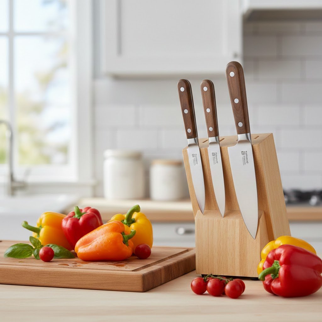 Professional-grade stainless steel chef knife set arranged in wooden block with fresh vegetables on butcher block.