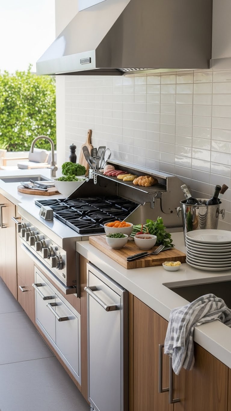 Professional outdoor grill station with stainless steel countertops and organized grilling tools