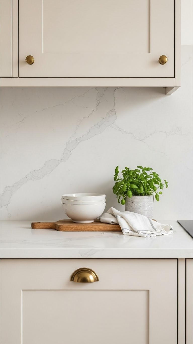 Professional photograph of light-toned quartz countertop integrated with cream cabinets in minimalist kitchen design