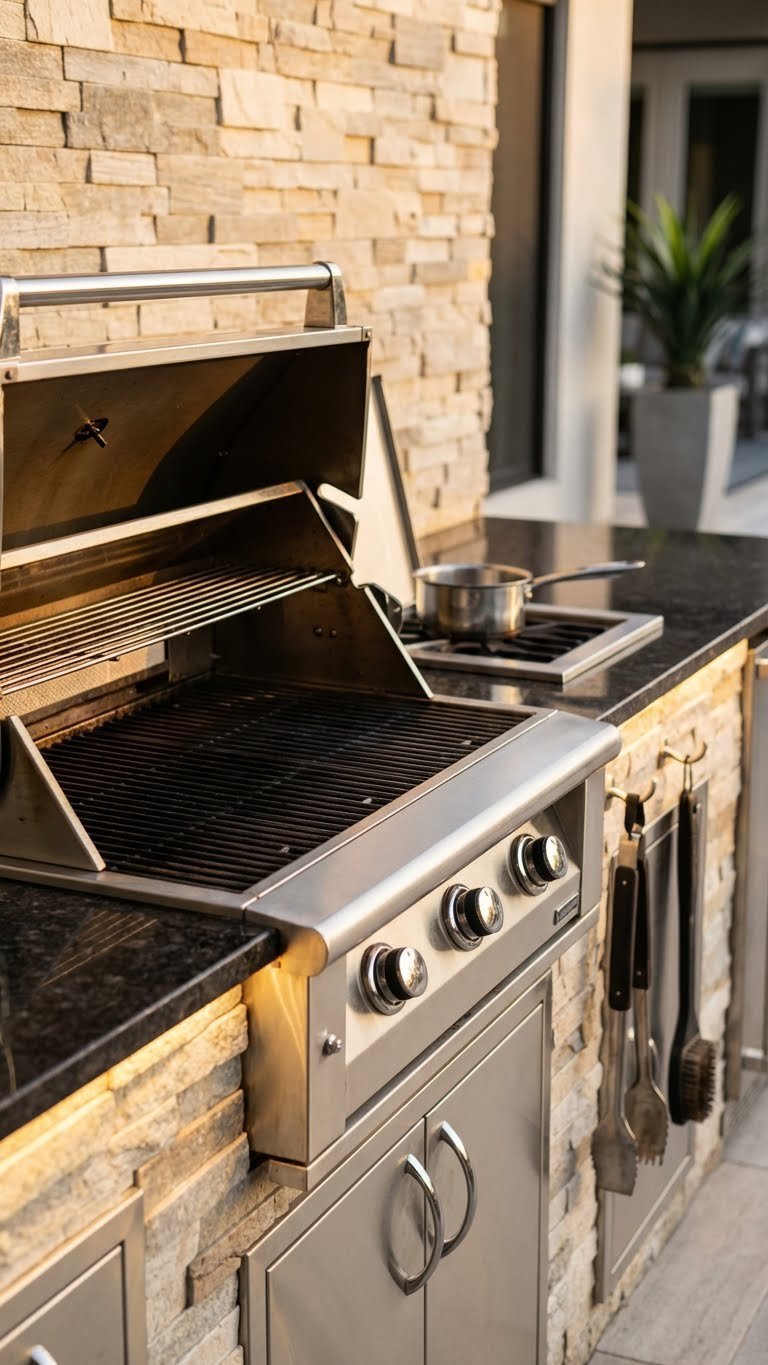 Outdoor Kitchen Villa Design Ideas For Luxury Entertaining 3 Professional stainless steel outdoor grill station with dark granite countertop and built-in gas grill at luxury villa.