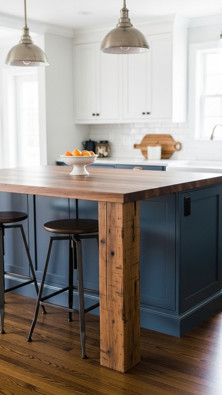 Prominent reclaimed wood kitchen island with visible grain knots against navy blue cabinets and industrial bar stools