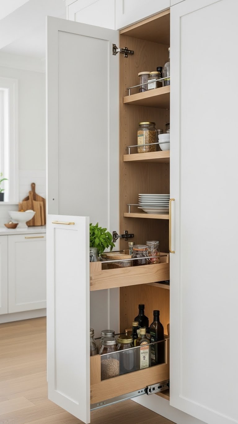 Pull-out pantry cabinet with organized shelves integrated into minimalist white kitchen cabinetry