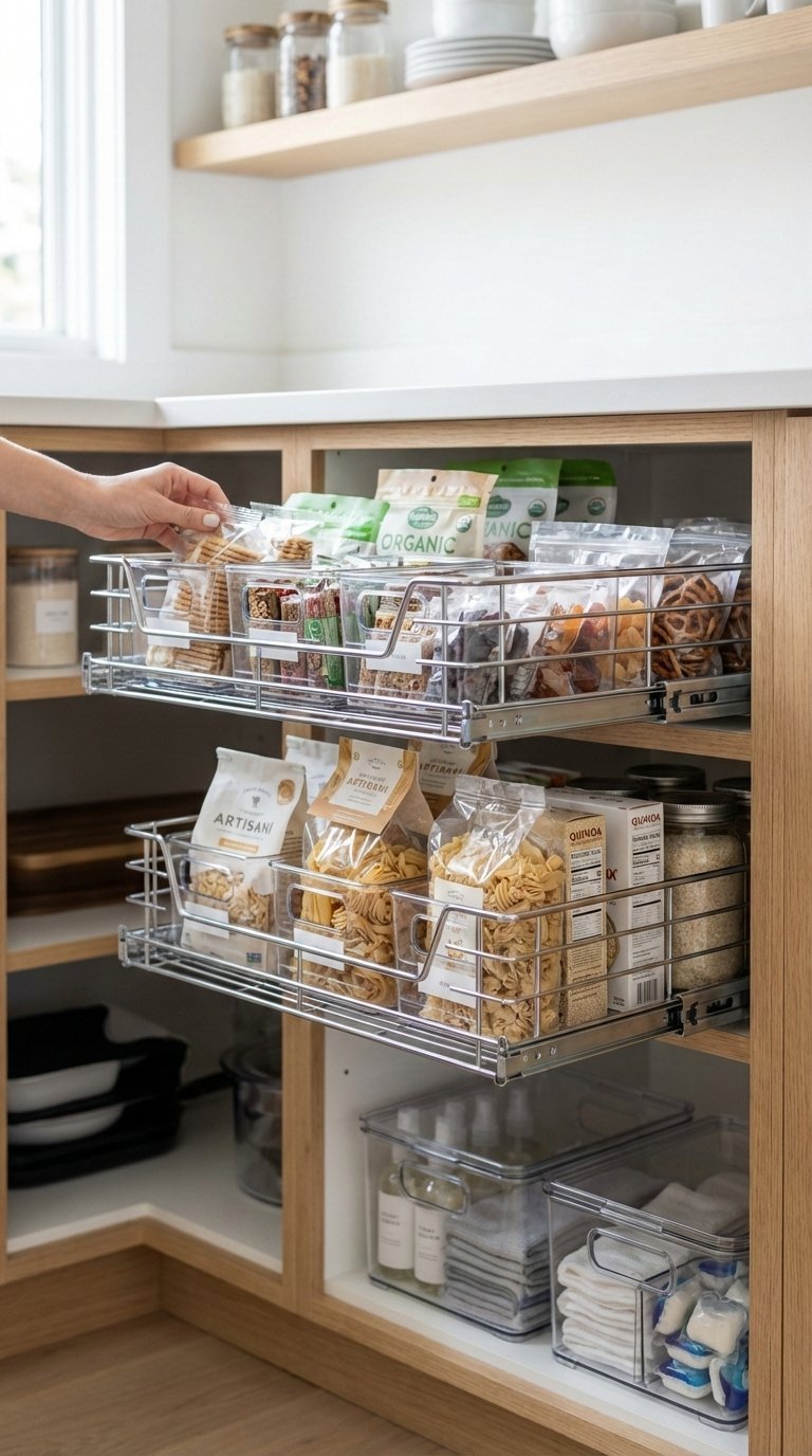 Pull-out pantry drawers with clear stackable bins containing snacks and pasta in organized kitchen storage system