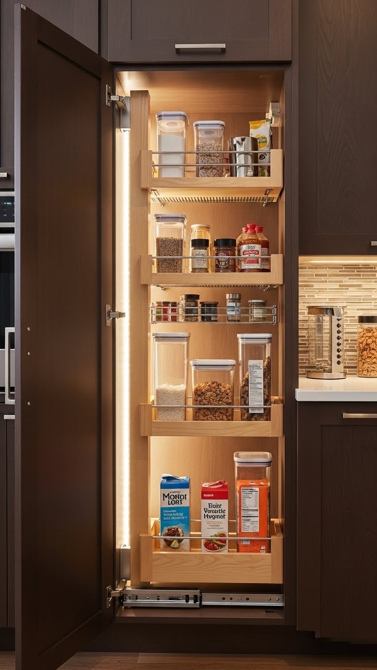 Pull-out pantry shelves with clear containers organized inside deep brown kitchen cabinet interior