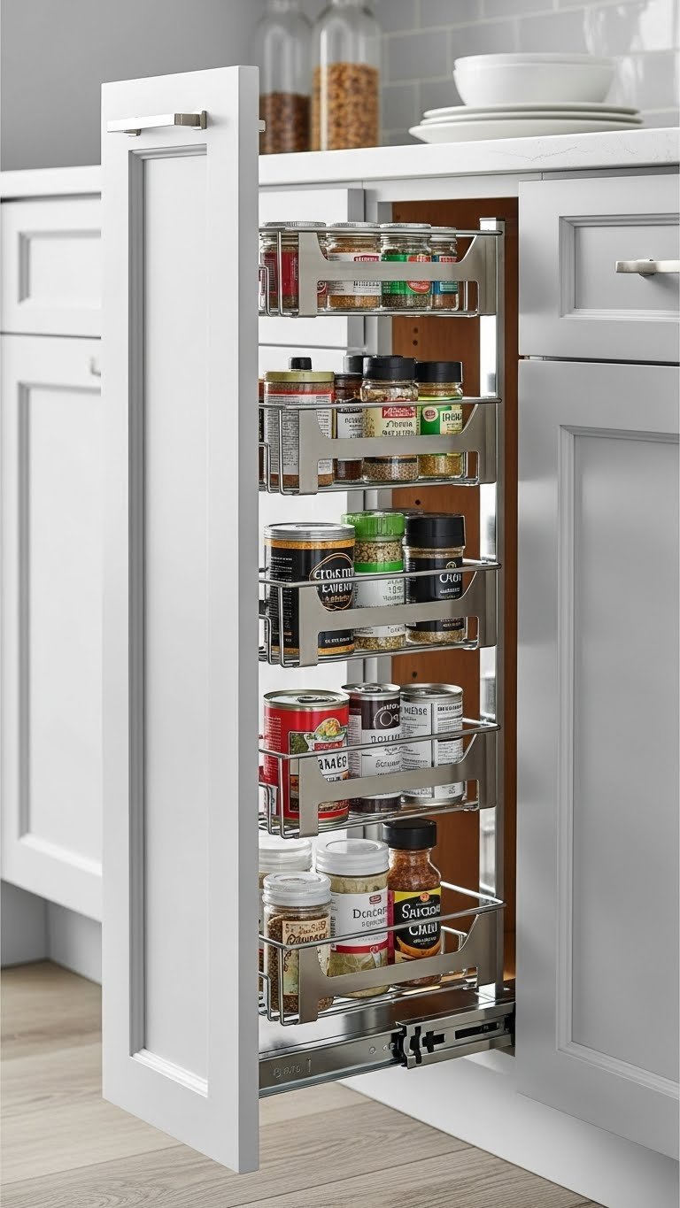 Pull-out pantry system with wire baskets displaying spices and jars, highlighting smooth-gliding hardware in a modern kitchen.