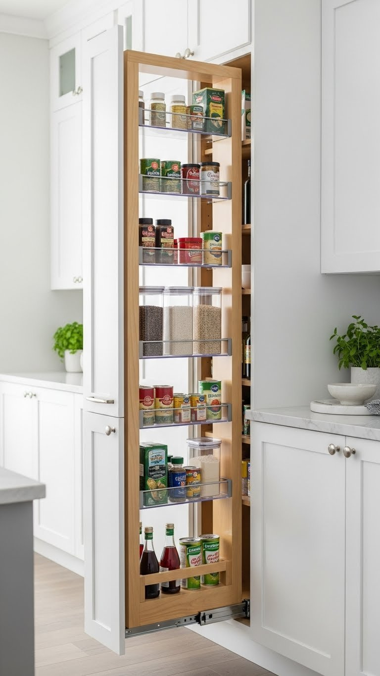Pull-out pantry unit showcasing organized spices and dry goods in clear containers from white cabinet
