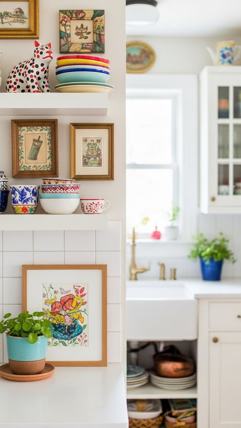 Quirky kitchen features with unique art, collectible ceramics, and whimsical details on countertops