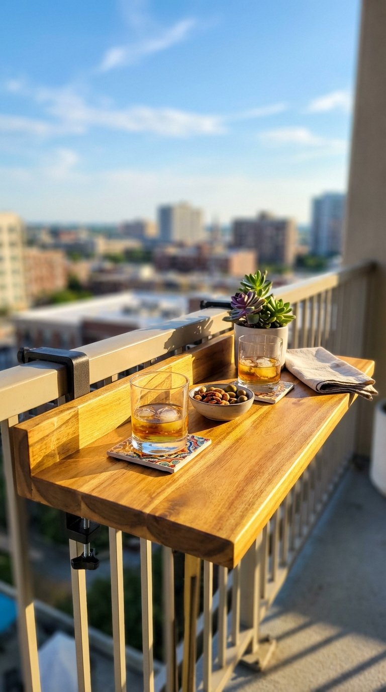 Rail-mounted snack and drink bar table with colorful snacks and drinks maximizing balcony railing space