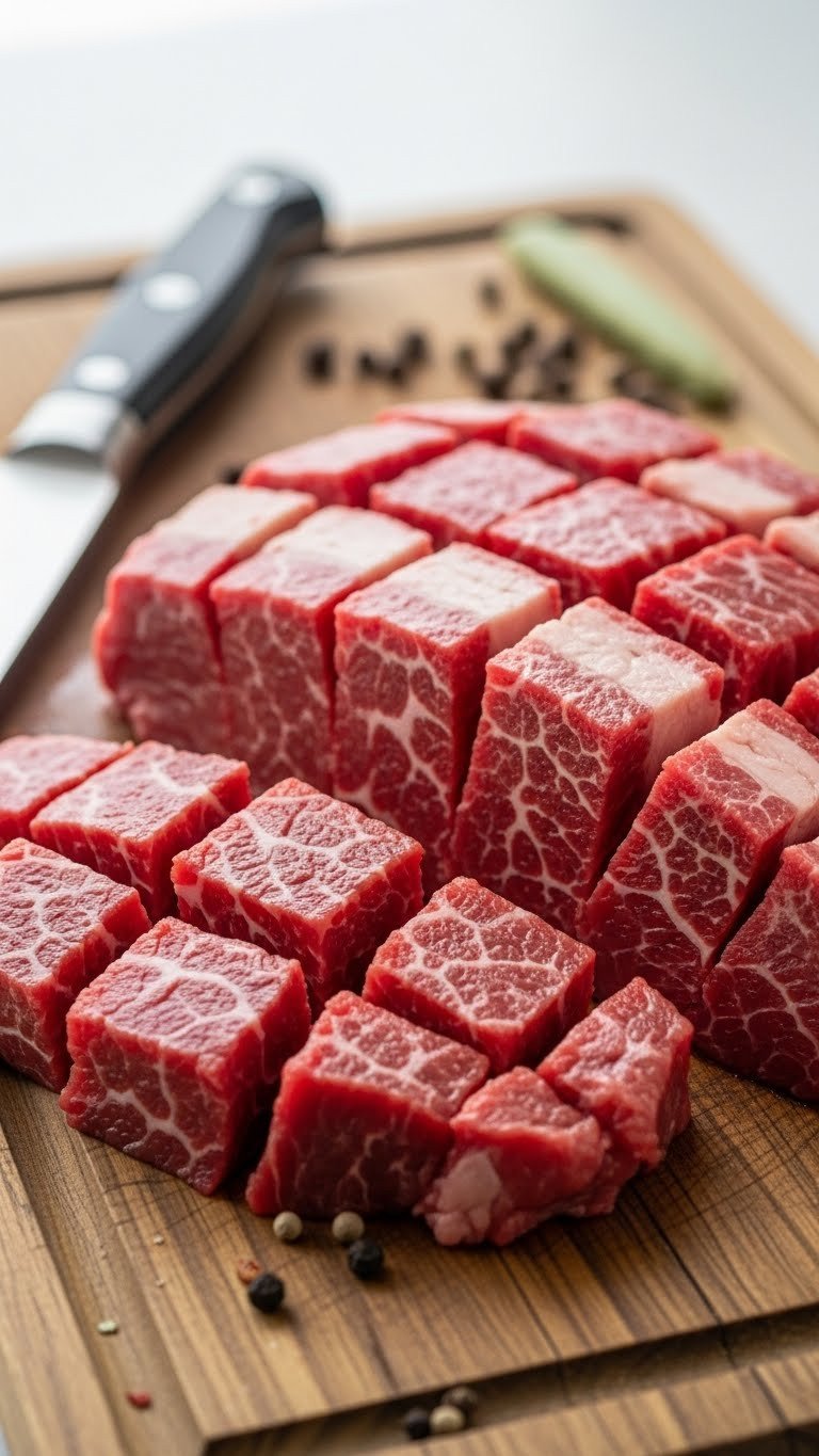The Failproof Best Beef Stew Recipe For Cozy Dinners 1 Raw beef chuck cubes on rustic cutting board with kitchen knife and peppercorns
