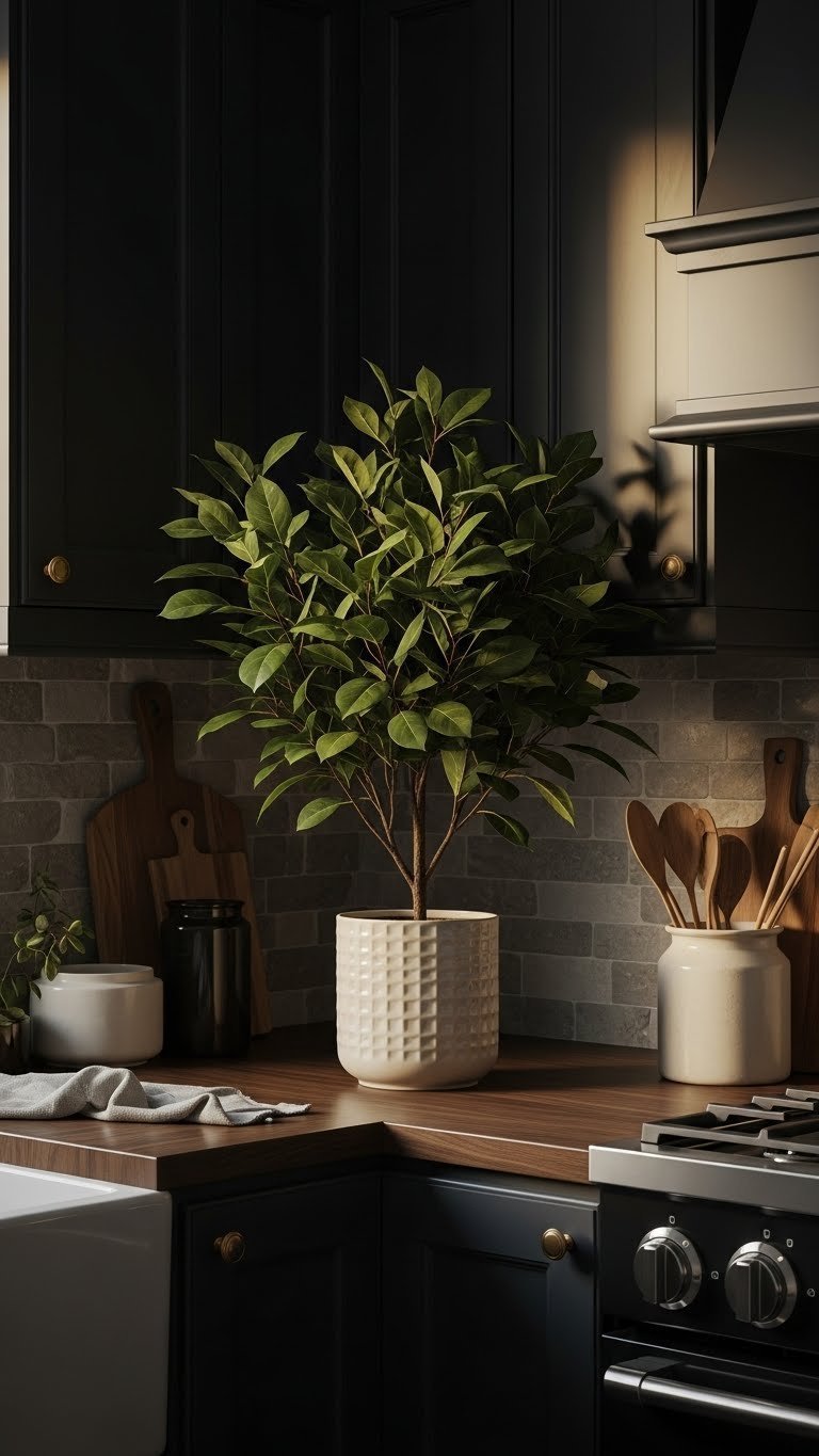 Realistic artificial Ficus plant in a ceramic pot blending seamlessly in a deeply shadowed dark wood kitchen corner.