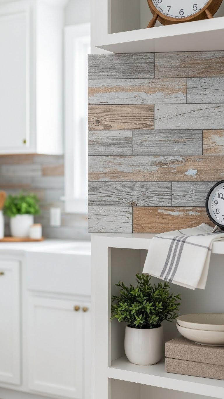 Realistic peel-and-stick faux rustic kitchen backsplash mimicking weathered textures with minimalist plant and clean white cabinets