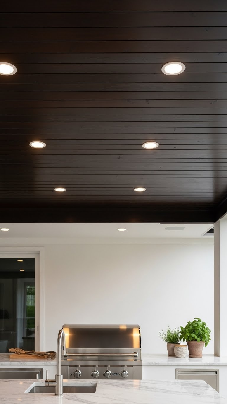 Recessed LED ceiling lights in dark wood panel illuminating outdoor kitchen with stainless steel grill