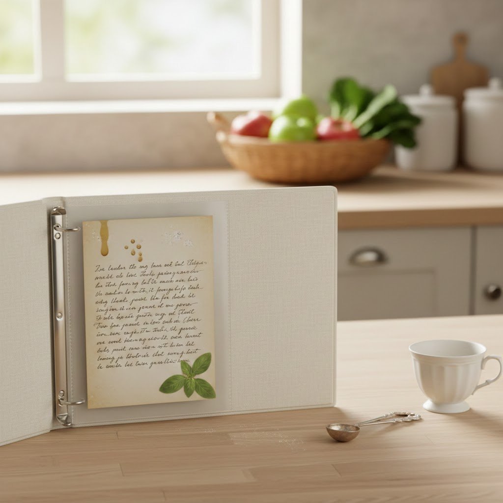Recipe binder open to handwritten recipe card on wooden kitchen island with cooking tools