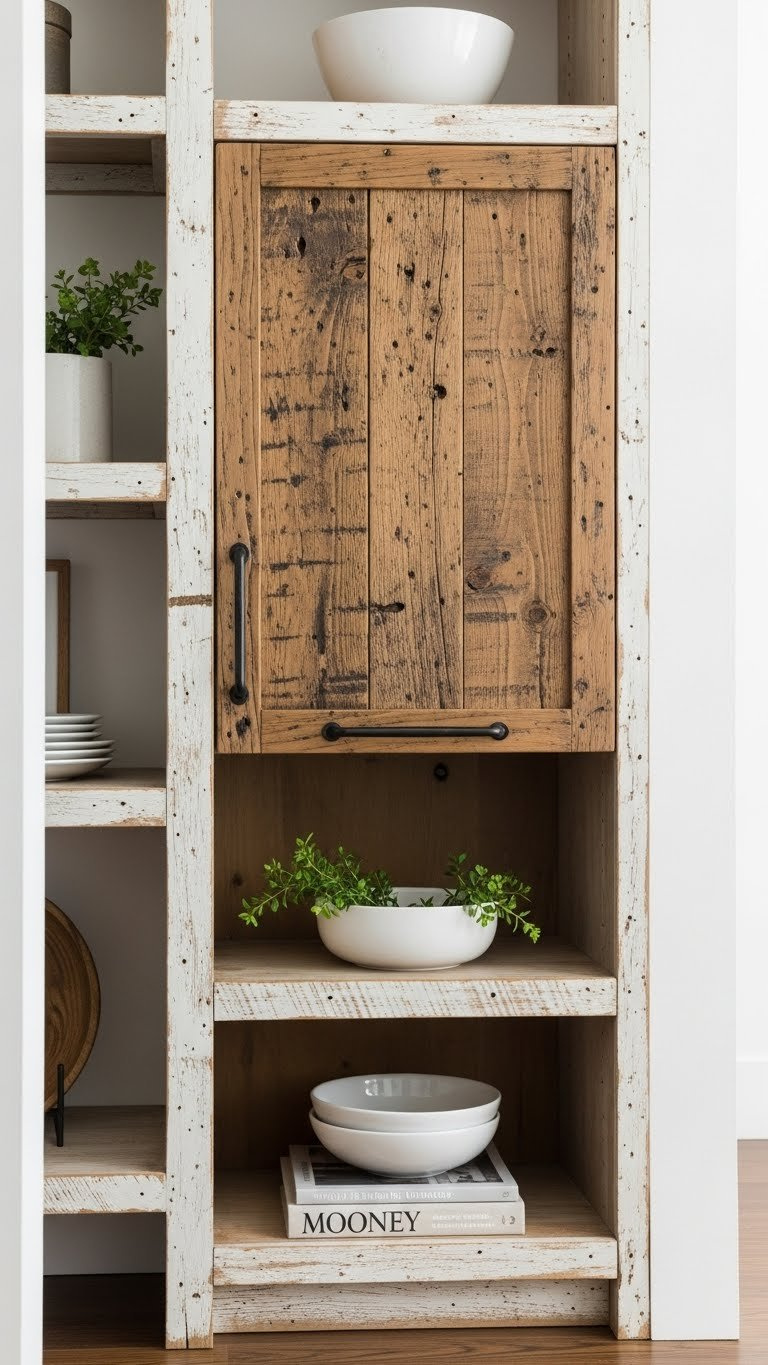 Reclaimed barnwood kitchen cabinets featuring textured patina, nail holes, and natural weathering details