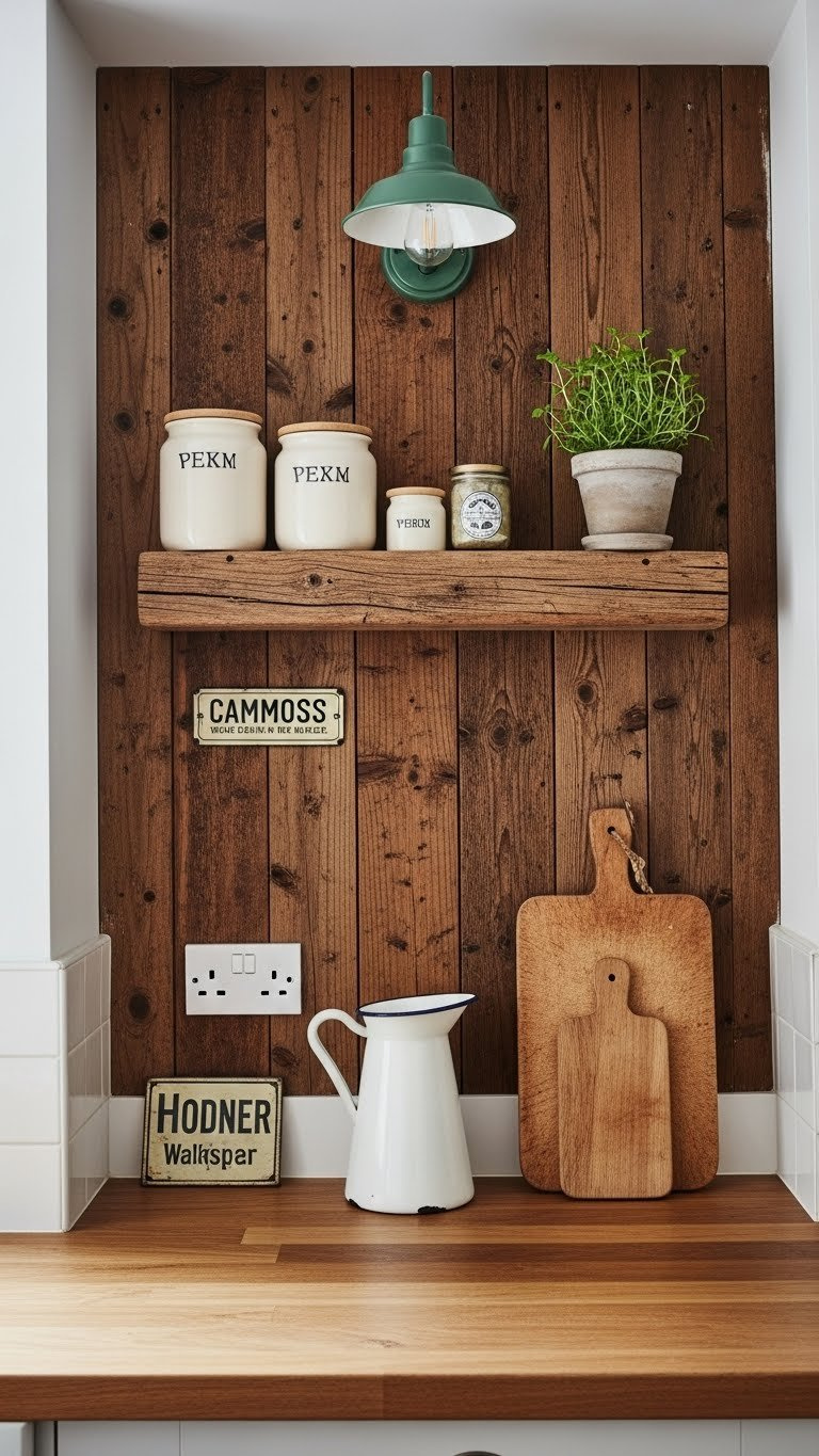 Small Cottage Kitchen: 9 Genius Ideas To Maximize Charm 13 Reclaimed timber wall with handmade wooden shelf holding ceramic jars in rustic cottage kitchen