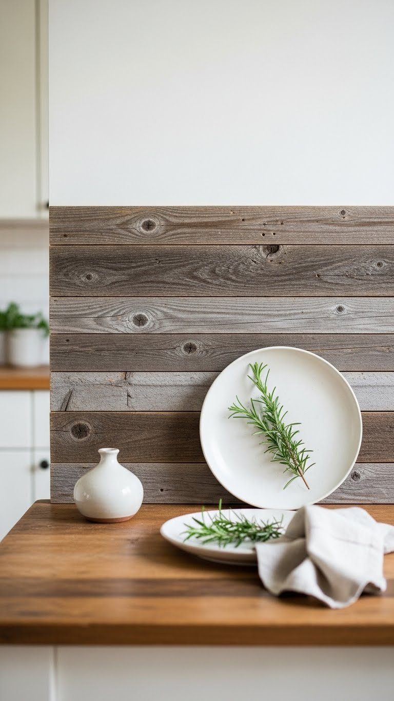 Small Rustic Kitchen: 9 Diy &Amp; Budget-Friendly Ideas 9 Reclaimed wood backsplash with white ceramic plate and fresh rosemary sprig
