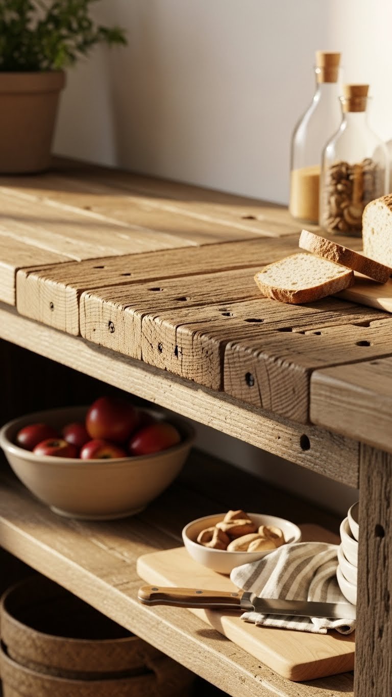 Reclaimed wood countertop showcasing weathered texture and nail holes with rustic ceramic bowl in golden hour light
