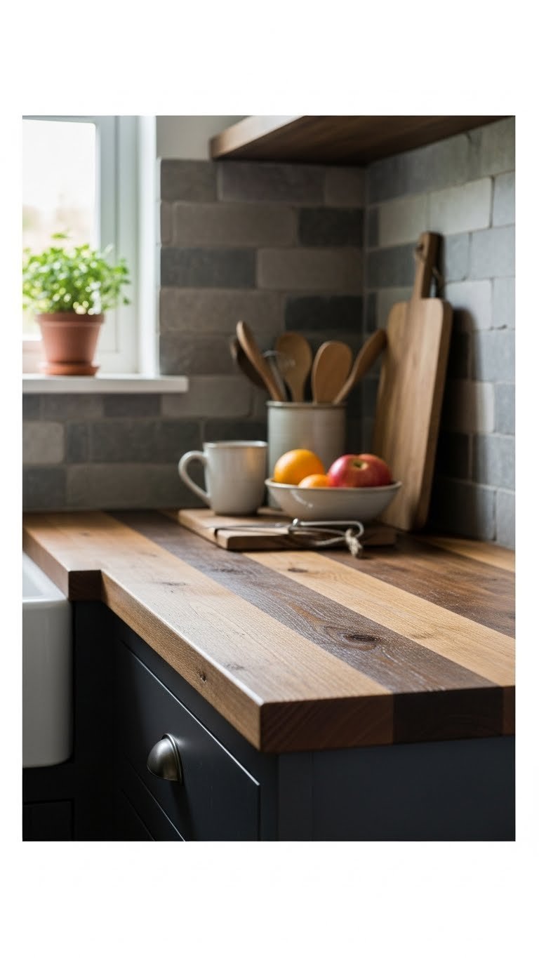 Reclaimed wood countertop with rustic kitchen tools arranged on a compact workspace