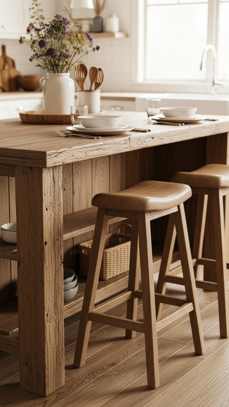 Reclaimed wood farmhouse kitchen island with saddle stools and rustic decor in warm natural lighting