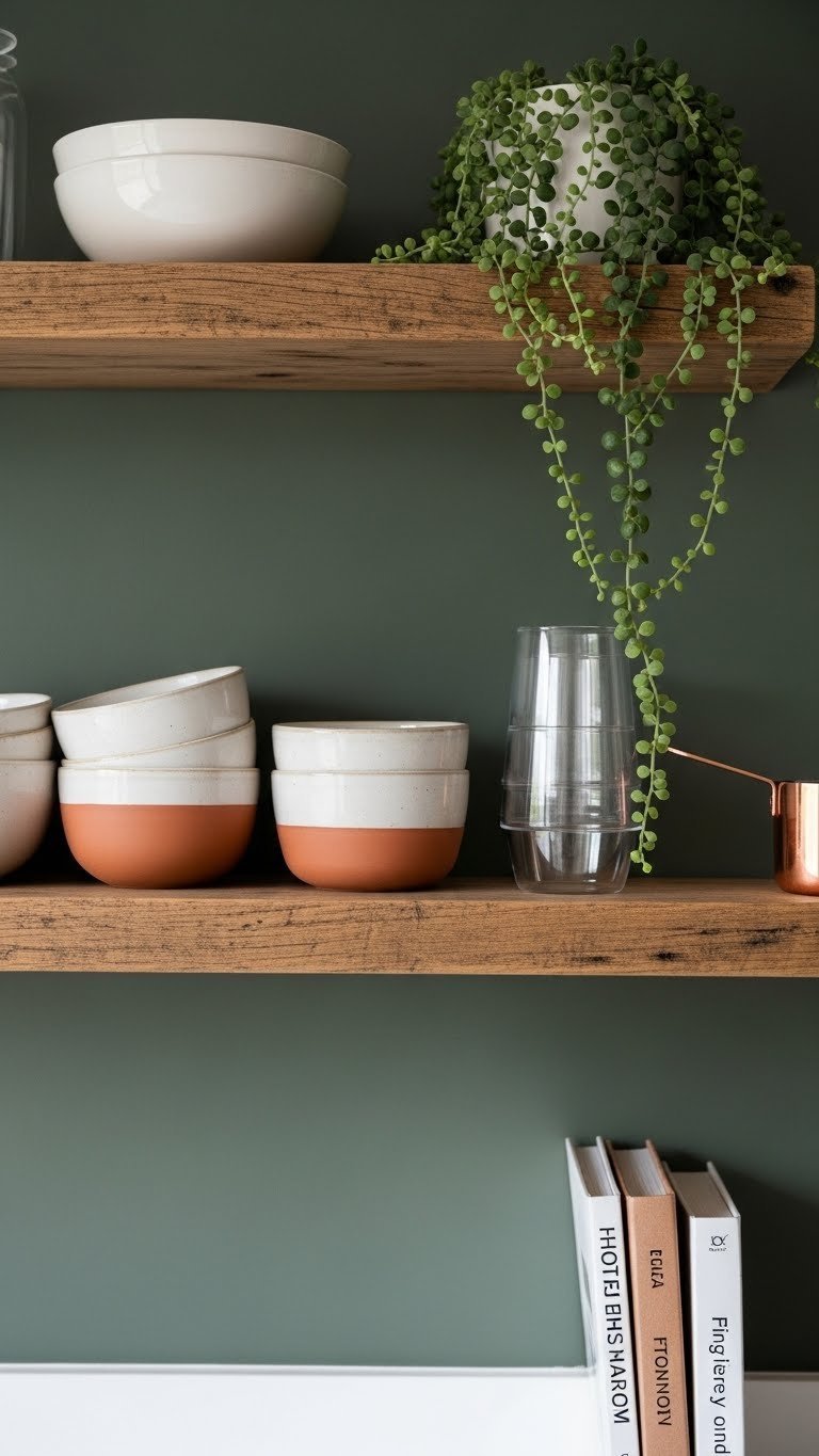 Reclaimed wood floating shelves on a dark sage green wall, styled with cream ceramics and a plant. Cozy, minimalist kitchen decor.