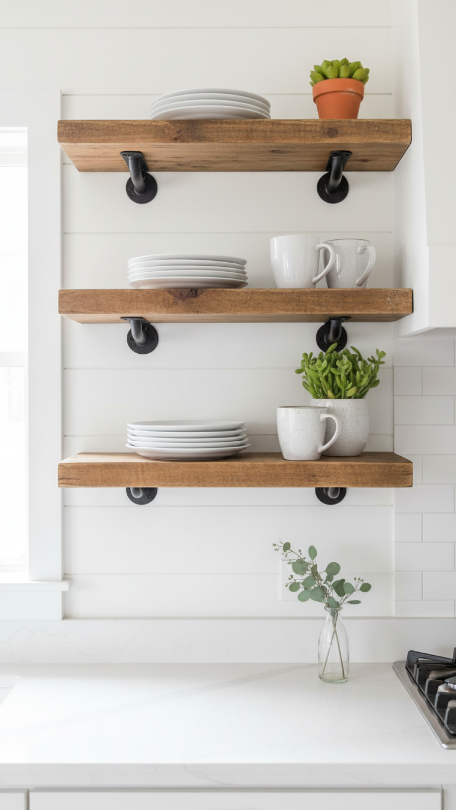 Reclaimed wood floating shelves with white ceramic plates and coffee mugs on white shiplap wall with black brackets