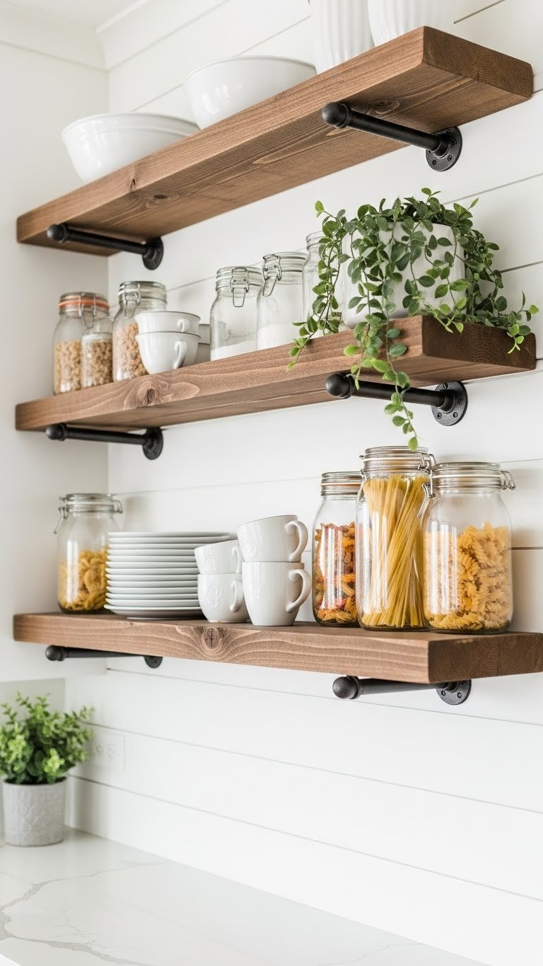 Reclaimed wood open shelves with black iron pipe brackets styled with ceramic plates on white shiplap wall
