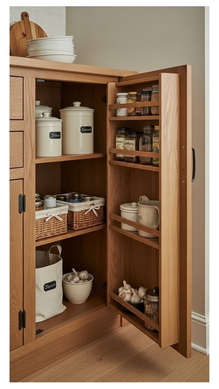 Reclaimed wood pantry cabinet with vintage canisters and woven baskets organized in rustic kitchen corner.