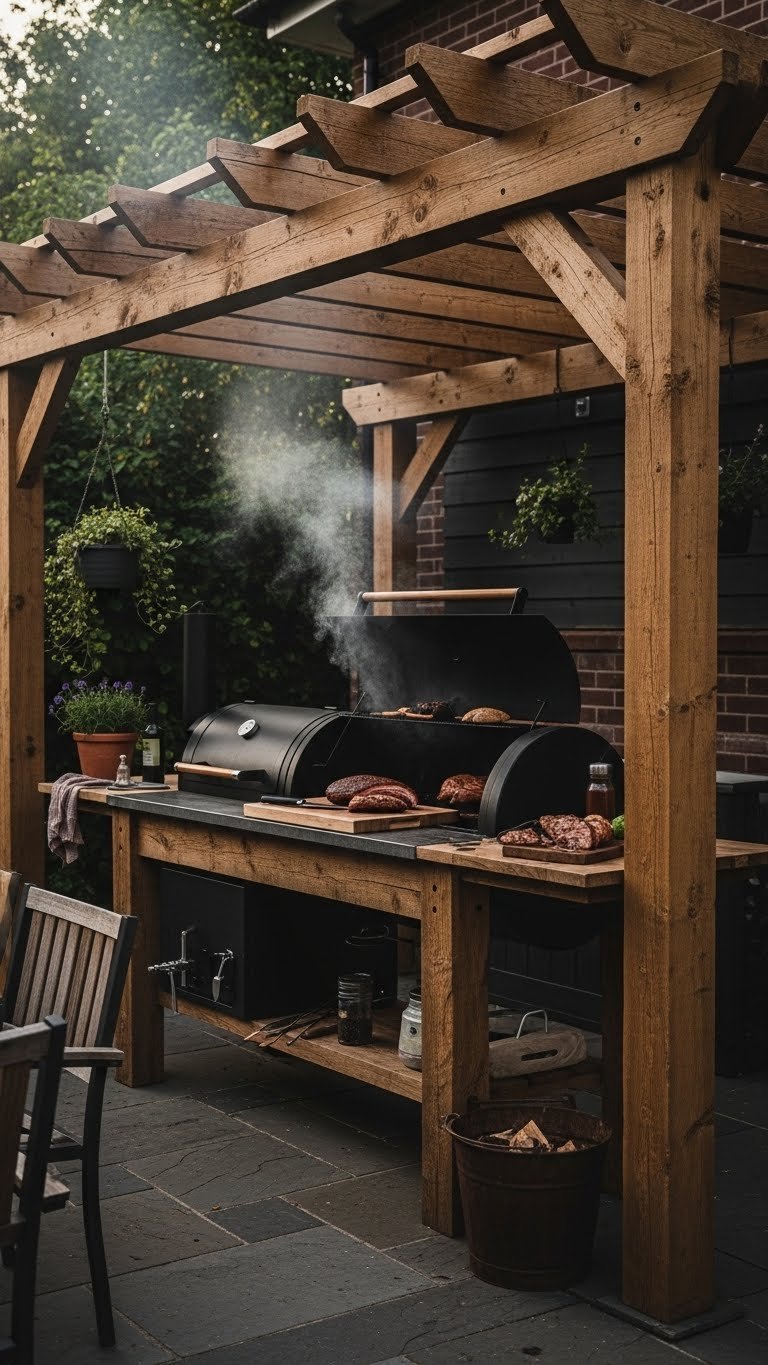 Reclaimed wood pergola with offset smoker and wisps of smoke on dark flagstone patio