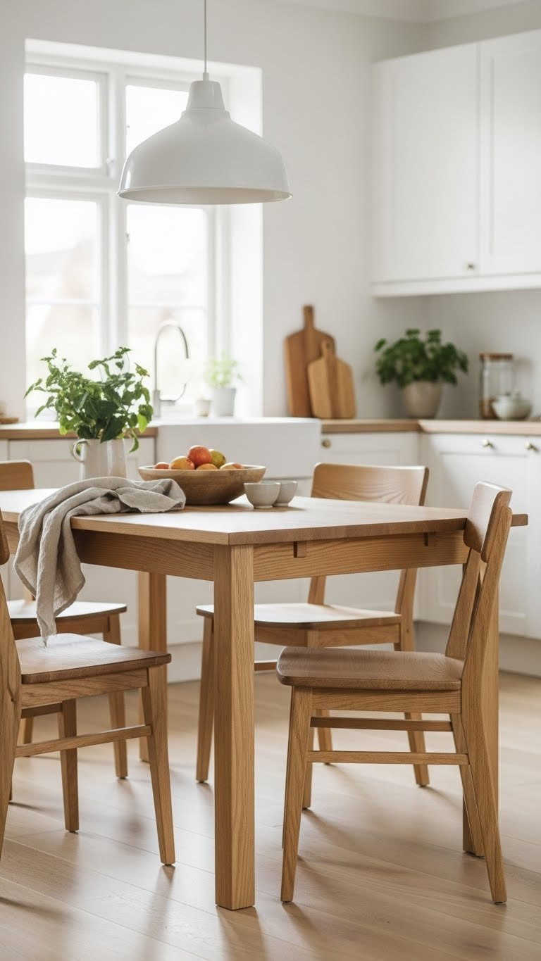 Rectangular light oak scandi dining table with four matching chairs in bright kitchen featuring ceramic bowl with fruit and linen tablecloth.