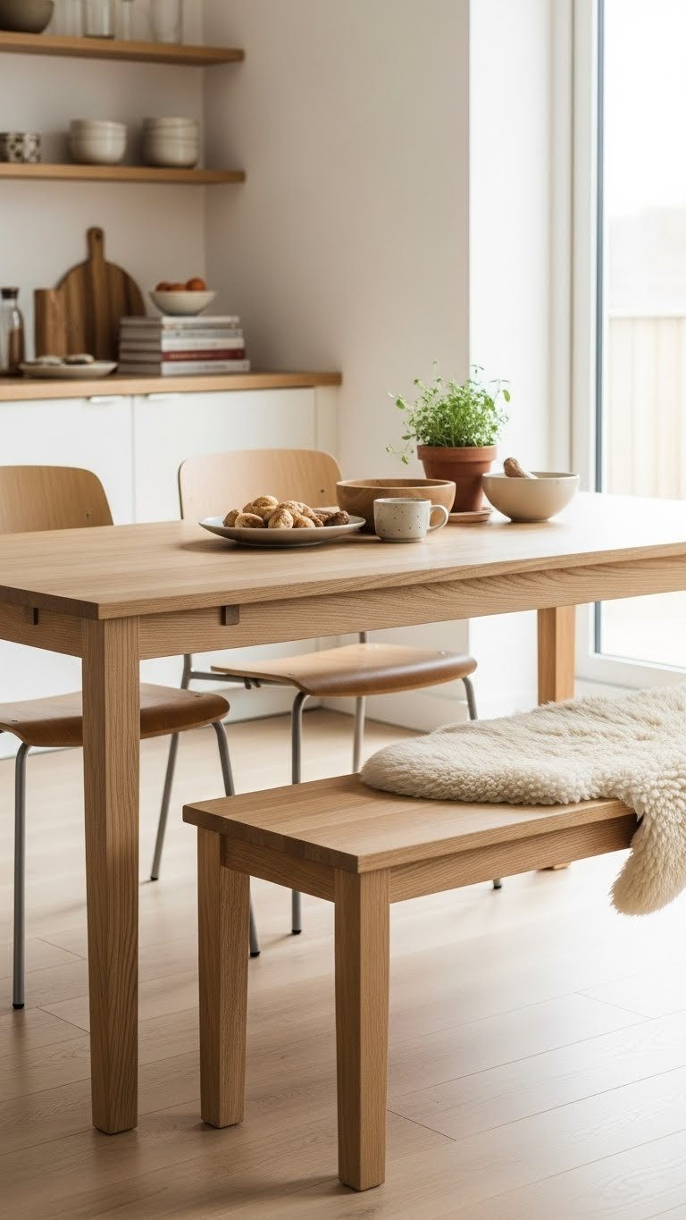 Rectangular scandi dining table with chairs and wooden bench in cozy kitchen nook featuring sheepskin throw and potted herb plant.