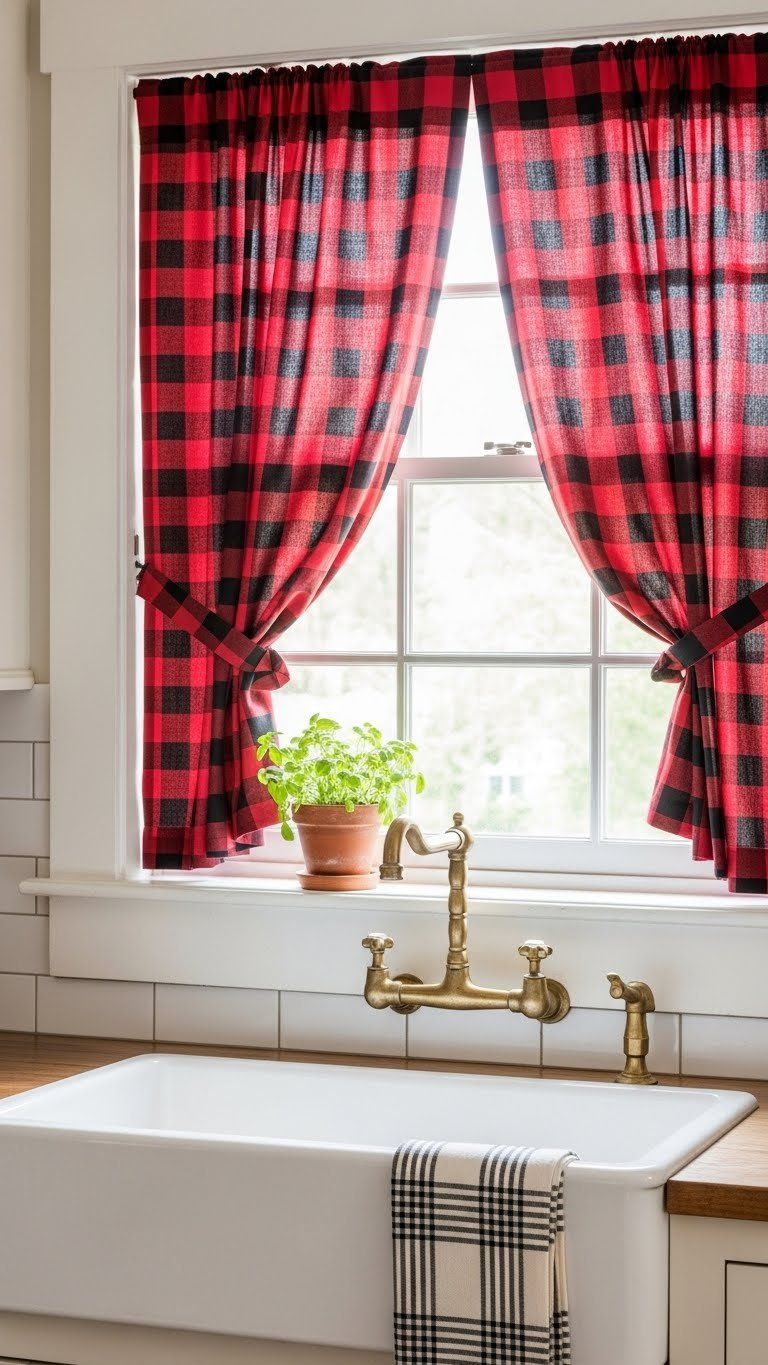 Red and black buffalo check cafe curtains tied open with a decorative knot on a kitchen window with soft natural lighting