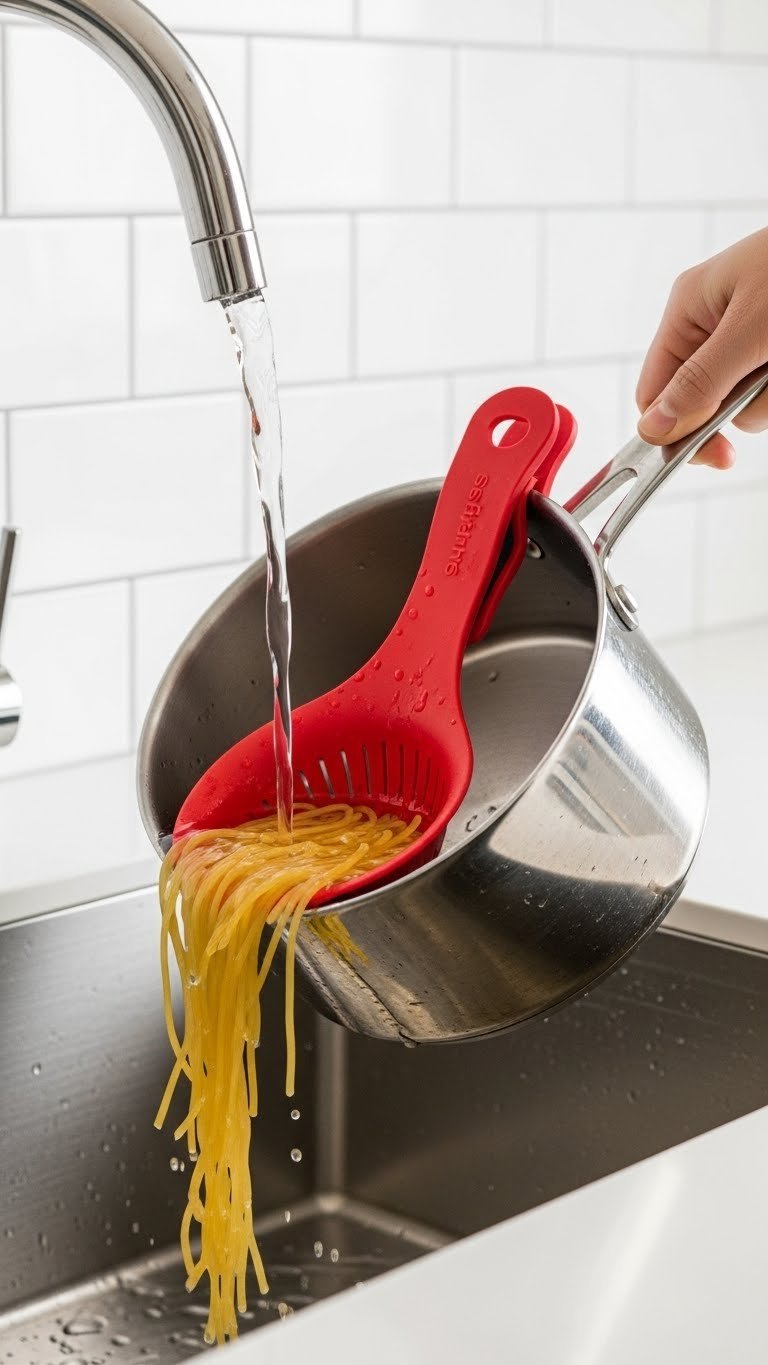 Red silicone snap-on strainer clipped to silver pot draining pasta water in stainless steel sink with white tile wall