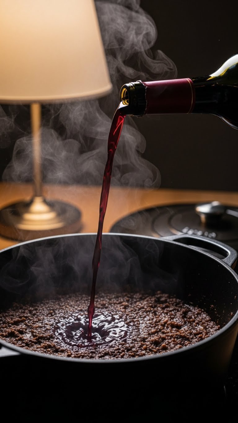 The Failproof Best Beef Stew Recipe For Cozy Dinners 7 Red wine poured into Dutch oven with steam rising