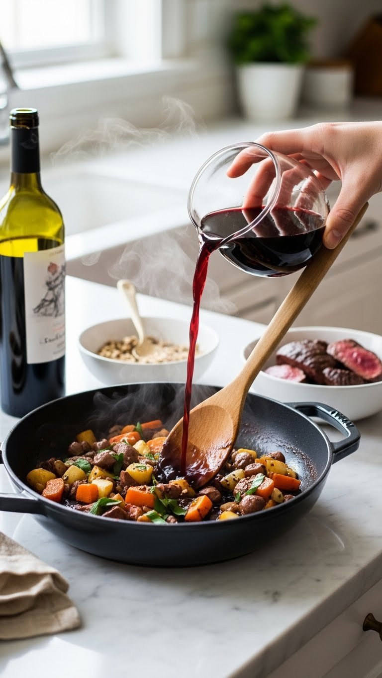 The Secret To A Melt In Your Mouth Venison Stew Recipe 5 Red wine poured into Dutch oven with vegetables and wooden spoon