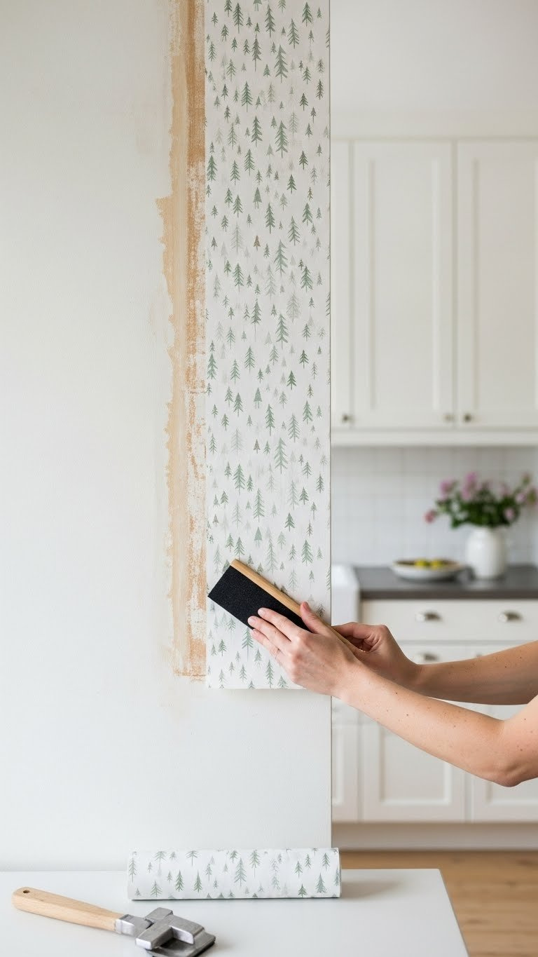 Rental kitchen wall transformation showing half-installed scandi wallpaper strip covering drab original wall