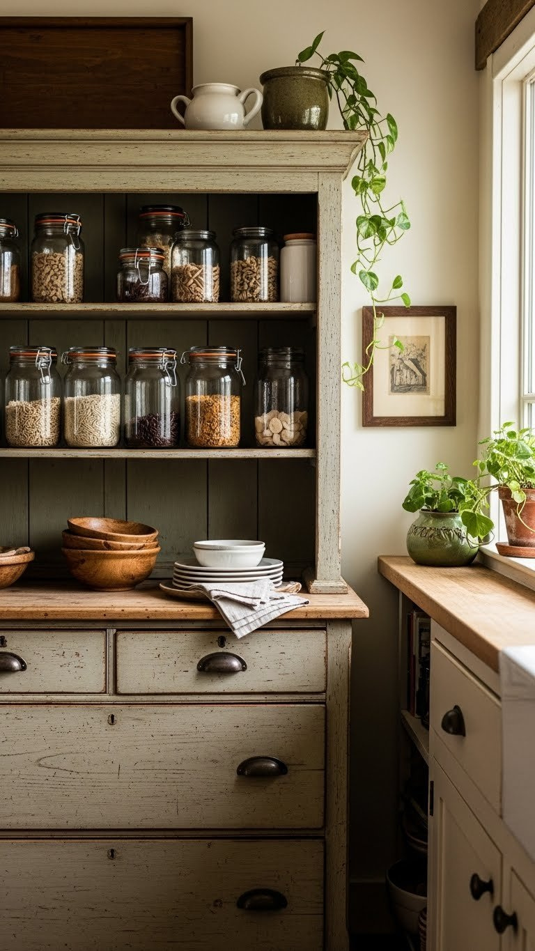 Rustic Kitchen On A Budget: 11 Genius Diy Ideas For Any Home 13 Repurposed antique hutch serving as rustic pantry with clear jars and distressed sage green paint