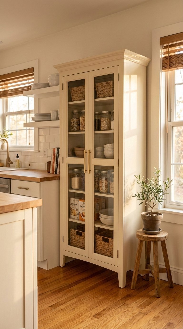 Repurposed furniture piece transformed into freestanding pantry cabinet with warm cream tones in cozy kitchen setting