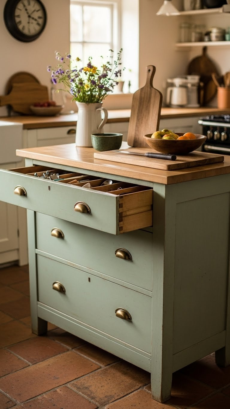 Repurposed vintage dresser kitchen island painted distressed sage green with brass hardware and natural butcher block top