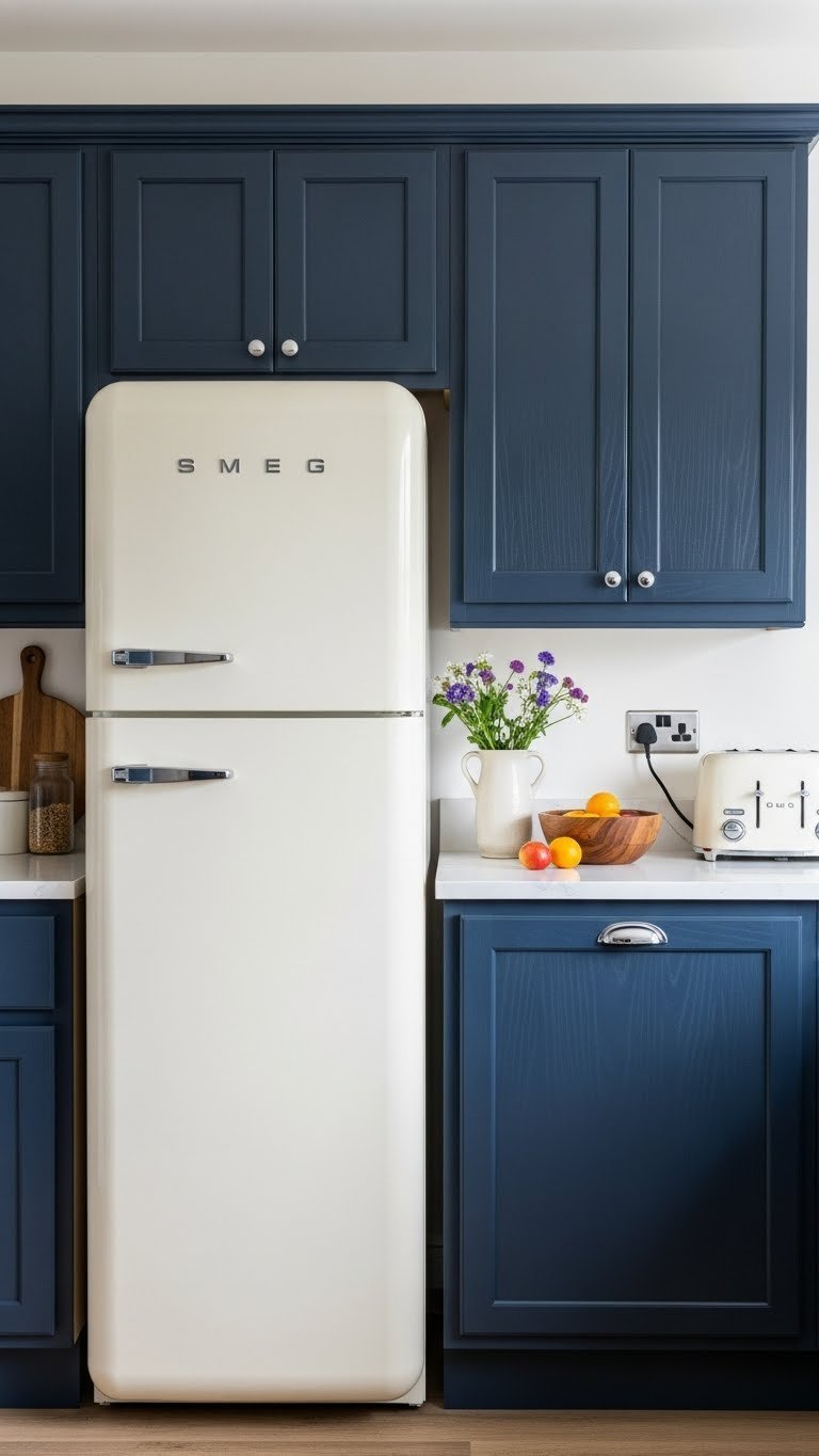 Retro cream-colored refrigerator with chrome accents nestled among navy blue kitchen cabinets with floral accents
