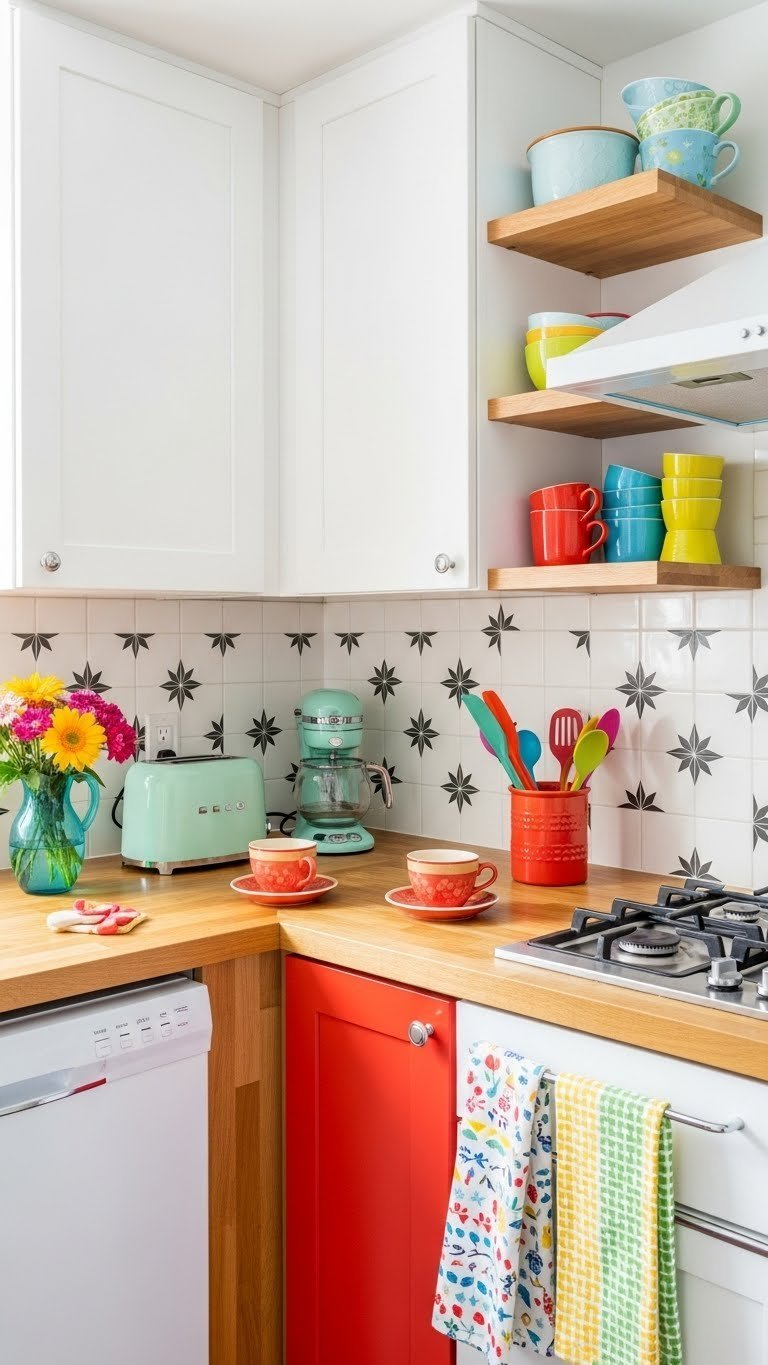 Retro eclectic kitchen with bold primary-colored cabinet, light wood countertops, and vintage-inspired appliances.