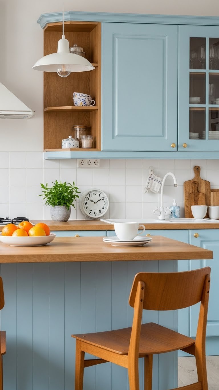 Retro-inspired Scandinavian kitchen with sky blue cabinets, mid-century modern furniture, and warm oak countertop