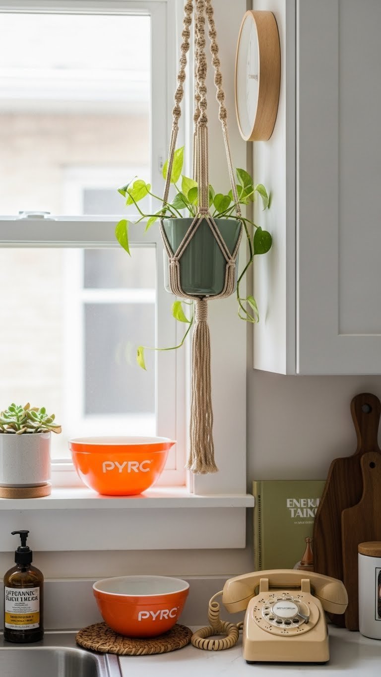 Small Kitchen Ideas 70S: 9 Proven Ways To Modernize Now 13 Retro-inspired accessories including vintage Pyrex bowl and macrame plant hanger on 70s kitchen countertop.