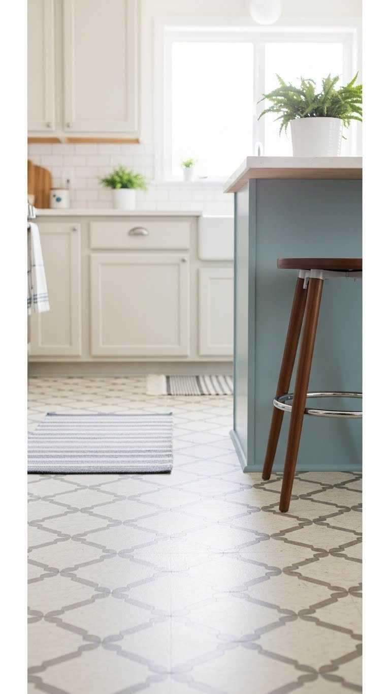 Retro-inspired checkerboard vinyl flooring in a 1960s kitchen with geometric pattern and mid-century modern decor elements.
