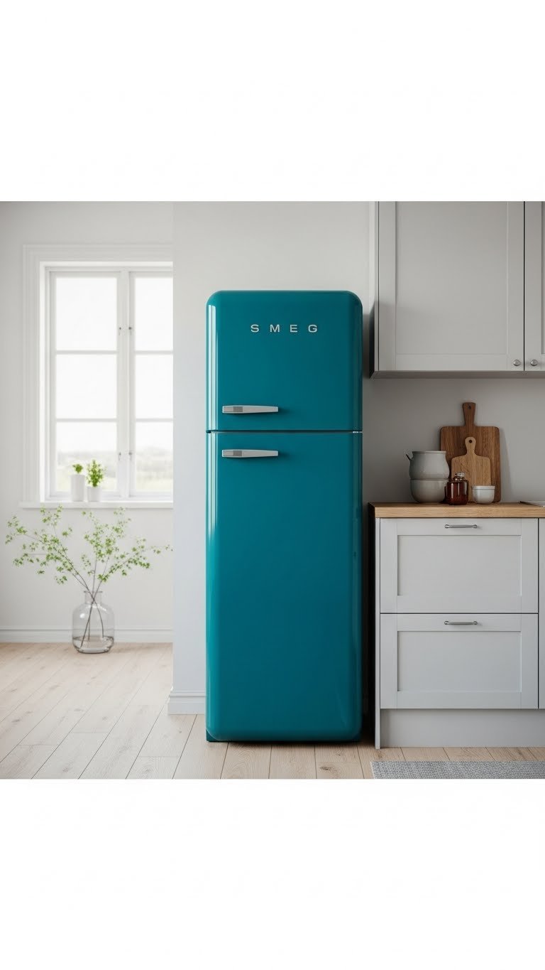 Retro teal refrigerator in minimalist Scandinavian kitchen with white cabinetry and light wood accents.